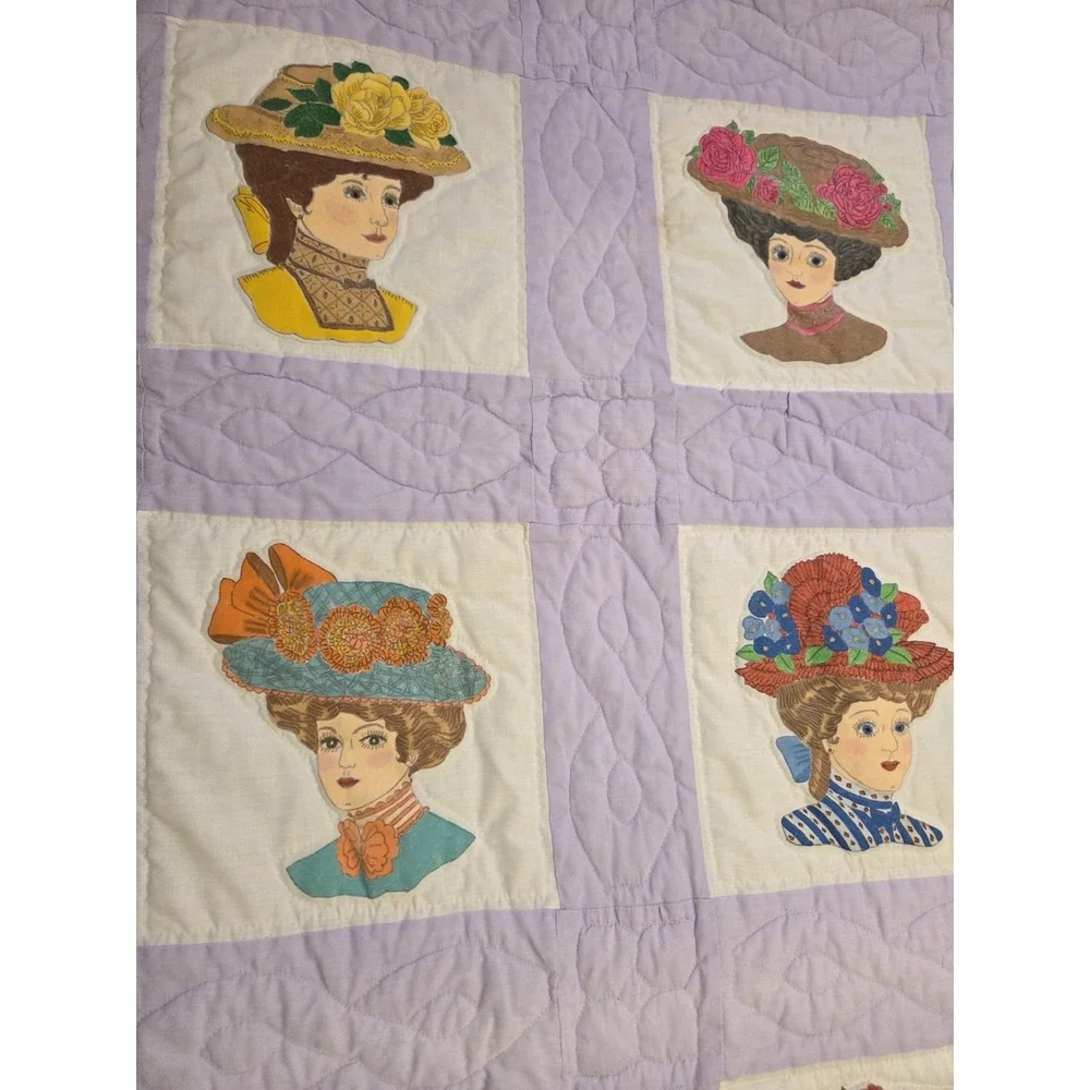 Vtg Quilt Victorian Ladies Applique Edwardian Whimsy Fashion Hats Millinery